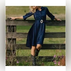 Aleeza Paris~ Navy Blue Satin Dress w/ Pleated Back & Belt w/ Rhinestone Buckle